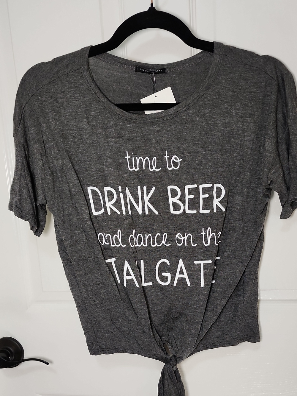 Sweet Claire Gray Graphic Tie-Front Tee